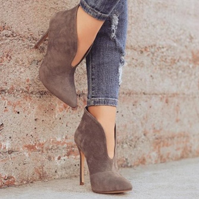 Ankle Boots High Stiletto Heel Pointed Toe V Shape Cut Suede Boots